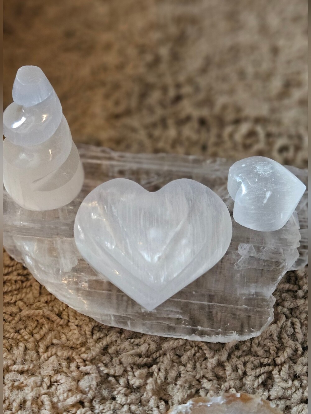 Selenite Hearts, Twisty Tower And Slab - White Crystal Set